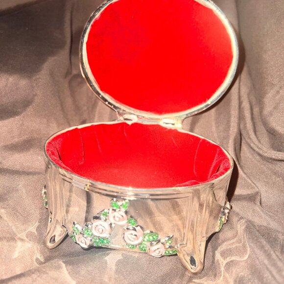 925 Silver jewelry box with pink roses design and red velvet liner inside. NEW - Picture 1 of 6